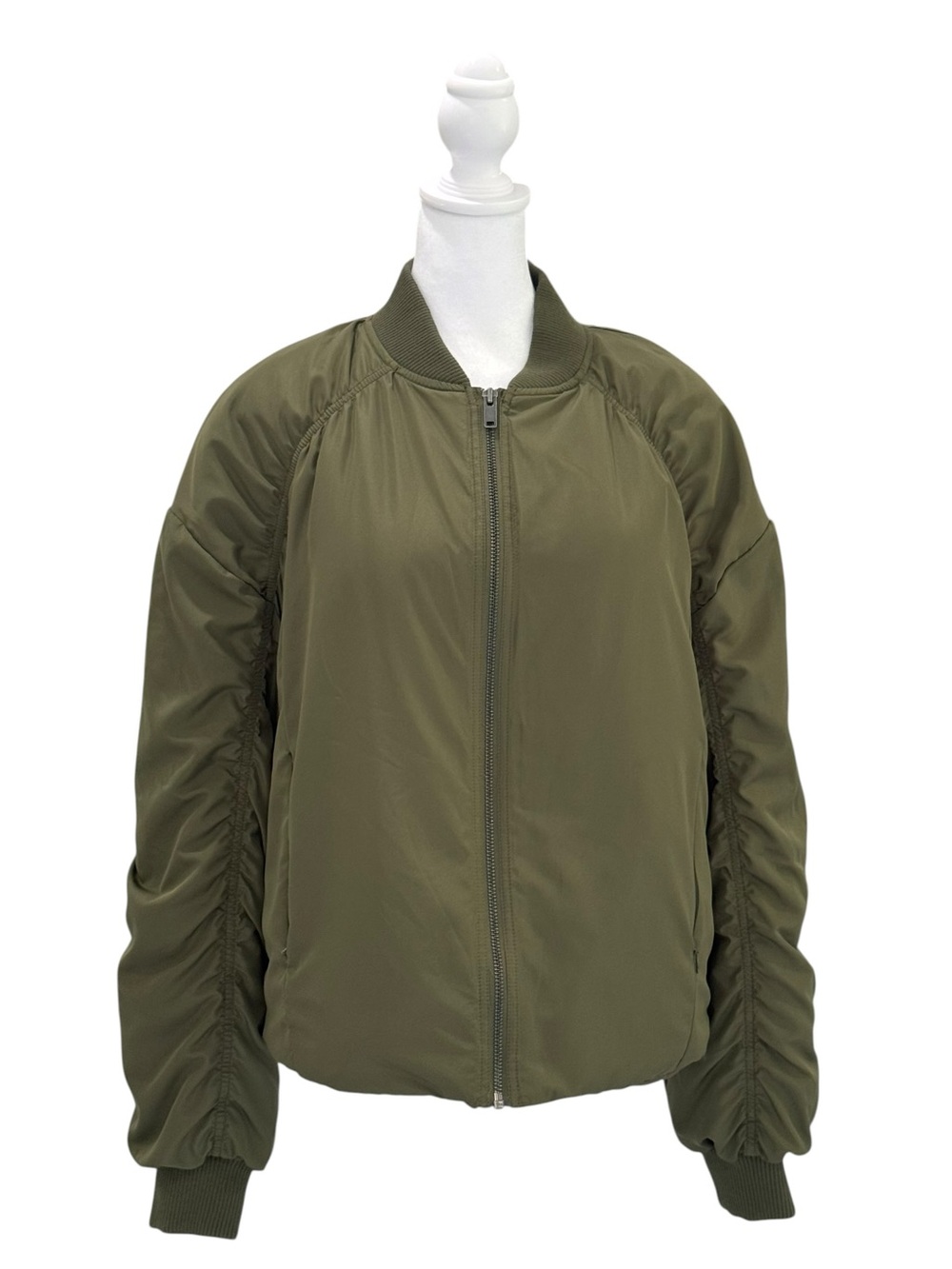 Z by Zella Ruched Sleeve Bomber Jacket Olive Green Size Medium NWT - Picture 3 of 11